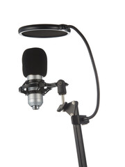 Microphone isolated on white background. Condenser microphone with shock mount.