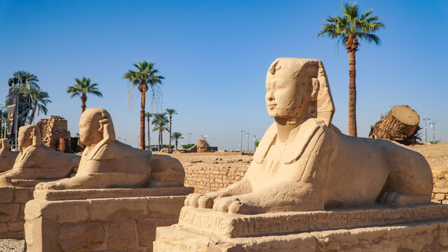Luxor Temple in Luxor, ancient Thebes, Egypt. Luxor Temple is a large Ancient Egyptian temple complex located on the east bank of the Nile River and was constructed approximately 1400 BCE.