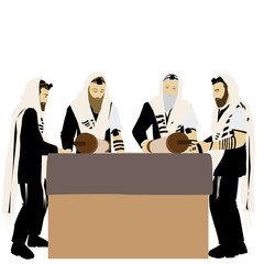Reading the Torah - a painting of four traditional Orthodox Jewish worshipers. Wrapped in a tallit and tefillin, they go on stage and an open Torah scroll is in front of them. The priest reads.
vector