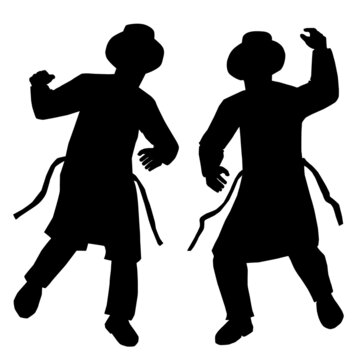 2 Jewish followers dancing.
Flat vector silhouettes. Black on a white background.
The figures are dressed in long coats and sashes fluttering to the sides as they move