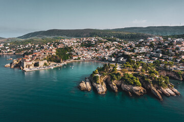 Hafen Ulcinj Stadt in Montenegro Beach Laguna Balkan Drohne View Summer Adriatic Sea © alexleipz