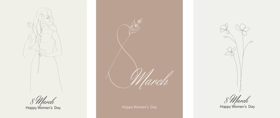 Vector cards in minimal style. Set of vector greeting cards for 8 March international womens day.
