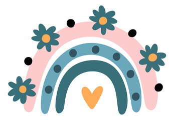 Cute rainbow with flowers and heart symbol in scandinavian style
