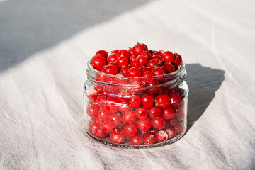 Frozen berries in glass jar. Close up of frozen red currant.