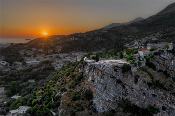 Ancient Ruins - Old Town of Bar - Montenegro - Sunset Aerial Drone Shot