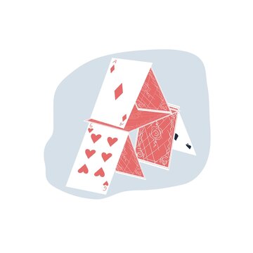 Vector cartoon flat house of cards isolated on empty background-entertainment,amusement and hobby,home table balance games concept,web site banner ad design