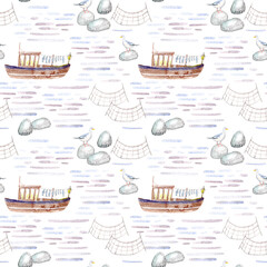 Seamless pattern of a fisherman's boat and sea.Landscape of a seagull, lake, shallop and stone.Watercolor hand drawn illustration.White background. - 487548037
