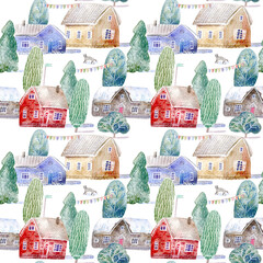 Seamless pattern of a village.Landscape of a spruce,cat,house. Watercolor hand drawn illustration.White background. - 487548038