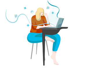illustration of a girl searching the Internet for the topic of ecology. ecology in life. acquaintance with ecology. vector character.