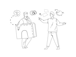 Two man talking about money and finance line vector illustration. Financial adviser, bank agent, investment broker telling client how to save cash