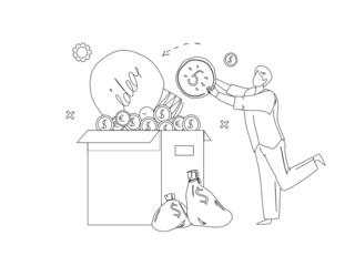 Man putting money into box with idea line vector illustration. Business investment, crowd donation, finance idea investor funding, contribute venture project concept