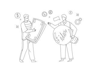 Businessman exchange money on idea line vector illustration. Investment in innovation, idea sale, donation and funding business concept