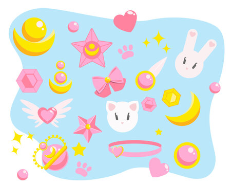sailor moon set of items. design of individual accessories. pastel set from the 90s. vector