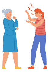 Girl shouting at old woman. Angry person gesturing
