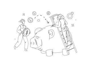 Tiny people put coin into giant piggybank line vector illustration. Manage income, save money and finance analytics concept