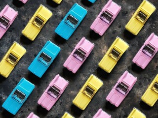 collage of colorful kid’s toy cars on the concrete background