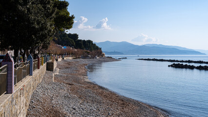 view of the empty Pioppi beach with coast at the bottom. Campania, Italy.