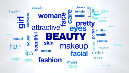beauty makeup beautiful attractive pretty, fashion typography word cloud animation.