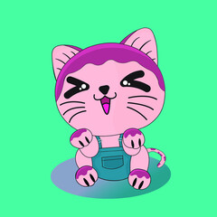 baby cat cartoon with pink stripes vector sitting smiling  Put on a cute blue overalls. with mint green background