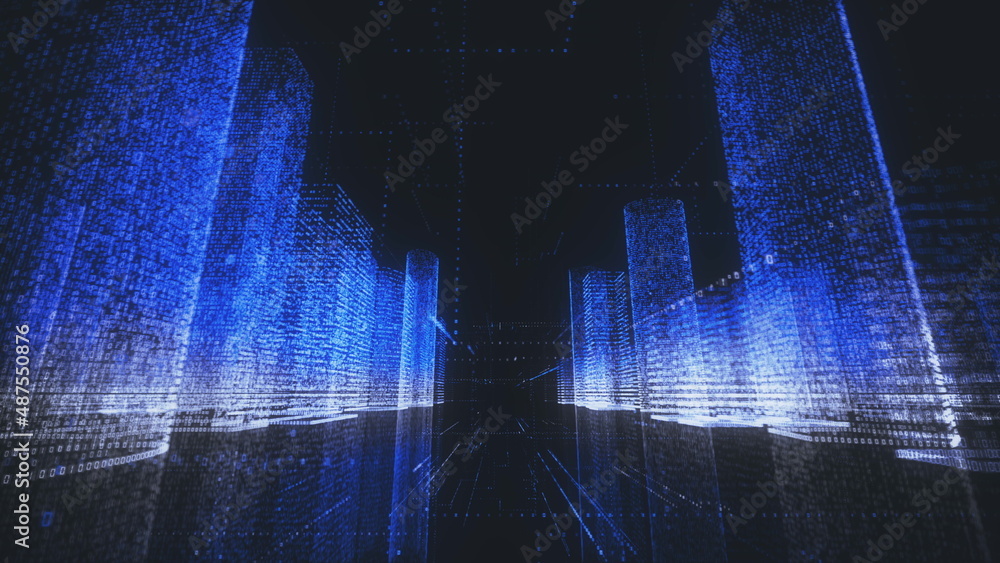 Poster bright digital city wireframe in bright blue and white colors consist of particles linked in lines a