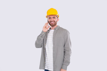 Construction Worker Talking on Phone Standing Isolated. Commecial, Shopping, Advertisment Concept. Technology