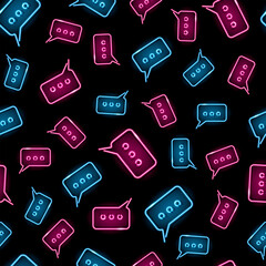 Neon speech bubbles seamless pattern with pink  and blue icons on black background. Chat message, SMS, web concept. Night signboard style. Vector 10 EPS illustration.