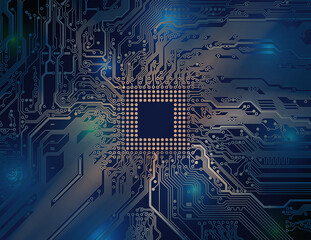Printed circuit board, motherboard. Abstract technological background, microchip. Analog circuit. Computer technology. Science futuristic vector design, cyber innovation concept. Place for text