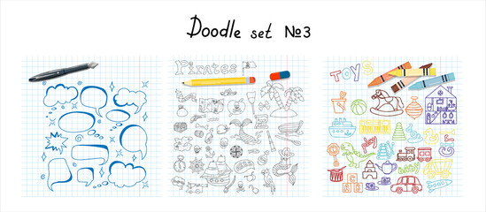Vector doodle pirate, toys, school supples sets. A map with a hand-drawn sketch of a mermaid ship and pirate items. Template for children s postcards. Map of treasure island. Hand draw collection of