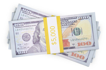 5 thousand American dollars on white background , 100 dollars bill close up isolated
