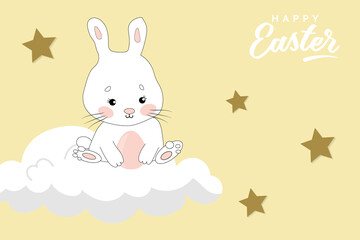 Happy easter template with greeting and colorful easter egg and bunny on the cloud