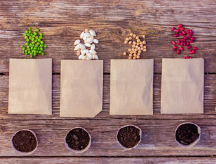 agricultural seeds in paper packets next to small pots with soil for planting on a rustic wooden table, top view. concept of farming, gardening, planting organic natural products
