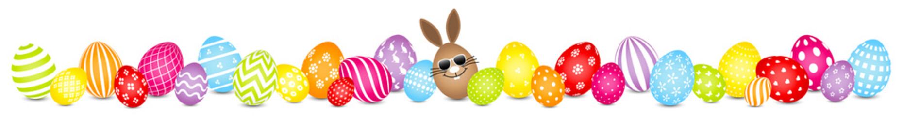 Braunes Hasenei Sonnenbrille & 28 Bunte Ostereier Muster Banner