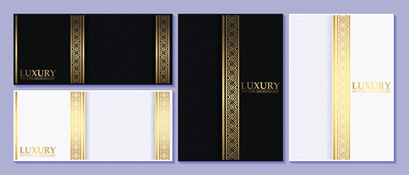 black and gold geometric pattern cover and card