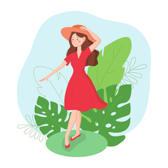 Woman in nature leaves, flat style. Young girl standing in red dress and hat. Cute vector illustration.