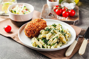Dinner table with different dishes, set menu for nutritious healthy lunch in restaurant, business lunch