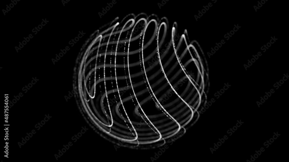Poster sphere with curved lines of particles on a black background. twisting glowing lines. global network 
