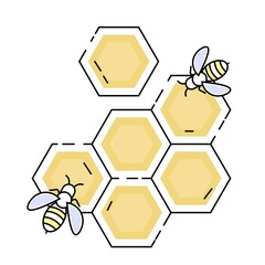 Otline Icon of Honeycombs with Bees Isolated on the white background. Vector flat illustration