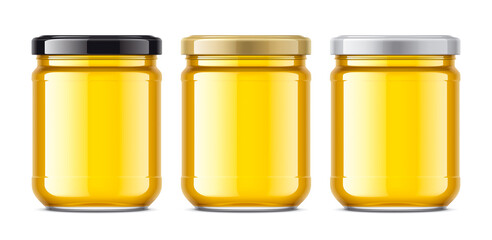 Set of glass jars with honey. 