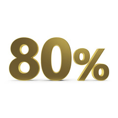 Golden 80 percent symbol. Golden eighty percent on a white background. 3D percentage sign. Discount symbol. 3D render illustration.