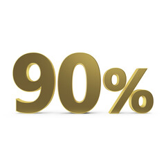 Golden 90 percent symbol. Golden ninety percent on a white background. 3D percentage sign. Discount symbol. 3D render illustration.
