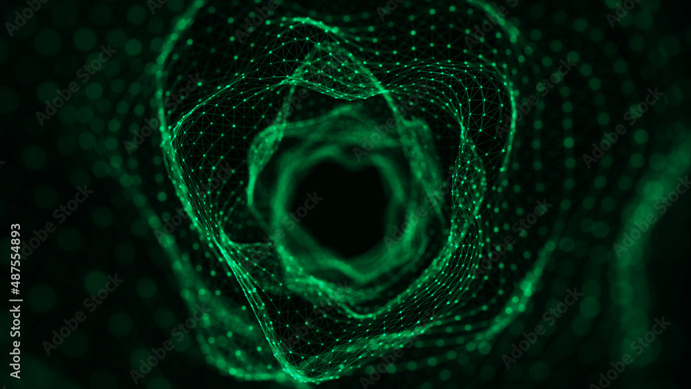 Poster Abstract dynamic wireframe tunnel on green background. Deep wavy wormhole. Futuristic particle flow. 3d rendering.