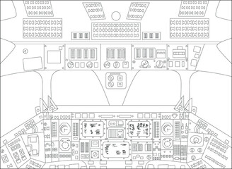 Spaceship cabin from inside, black and white vector illustration