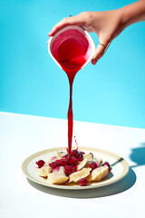 A woman's hand pours sweet sauce over cherry varenyky on a blue background