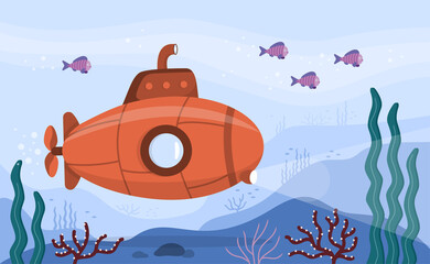 Obraz premium Submarine sea concept. Bright submarine with periscope underwater. Ocean bottom with fish, corals, seaweed. Colorful blue ocean landscape. Cute vector illustration.
