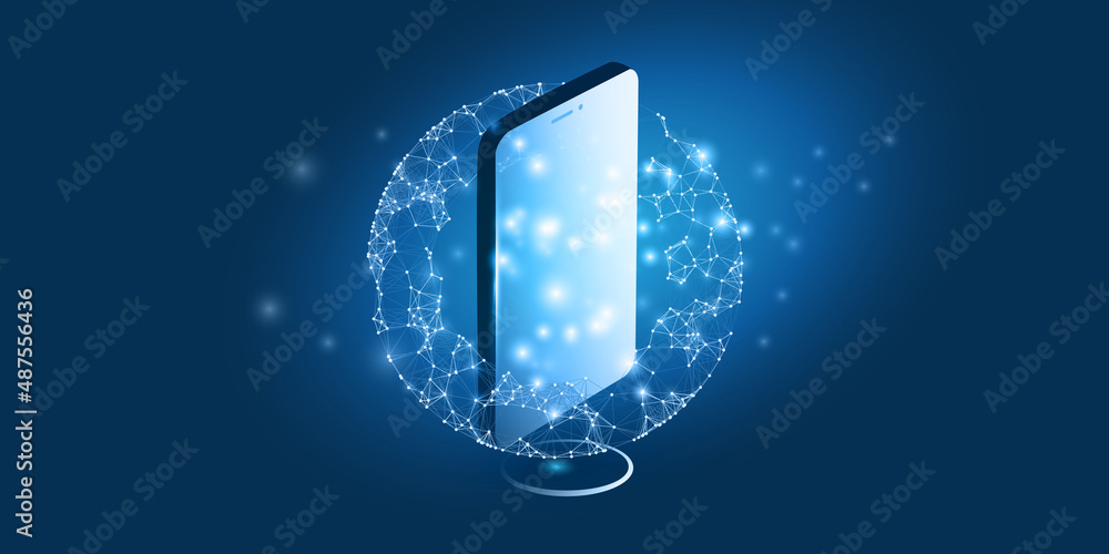 Poster futuristic blue 3d cloud computing, cyberspace, mobile networks, digital telecommunications concept 
