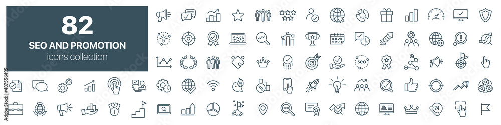 Poster seo and promotion line icons collection. big ui icon set. thin outline icons pack. vector illustrati