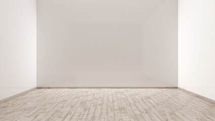 3d empty room illustration, white walls with oak hardwood floor, blank space visualization, 3d interior room design, indoor render, artwork, minimalist digital white living room stage