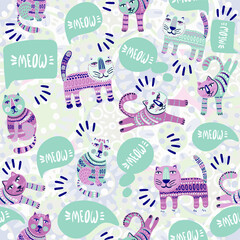 Cute and trendy vector seamless pattern with decorative drawn cats and "Meow" text. talking funny pets in a template for print and design of children's products.