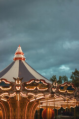 A children's carousel in the Gorky Park in the center of Kharkiv, called the French carousel, was photographed in cloudy weather in August.