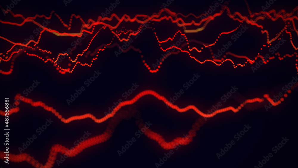 Poster Abstract smooth red dynamic music wave with dots. Audio digital equalizer technology. Glowing electric waves on dark background. 3d rendering